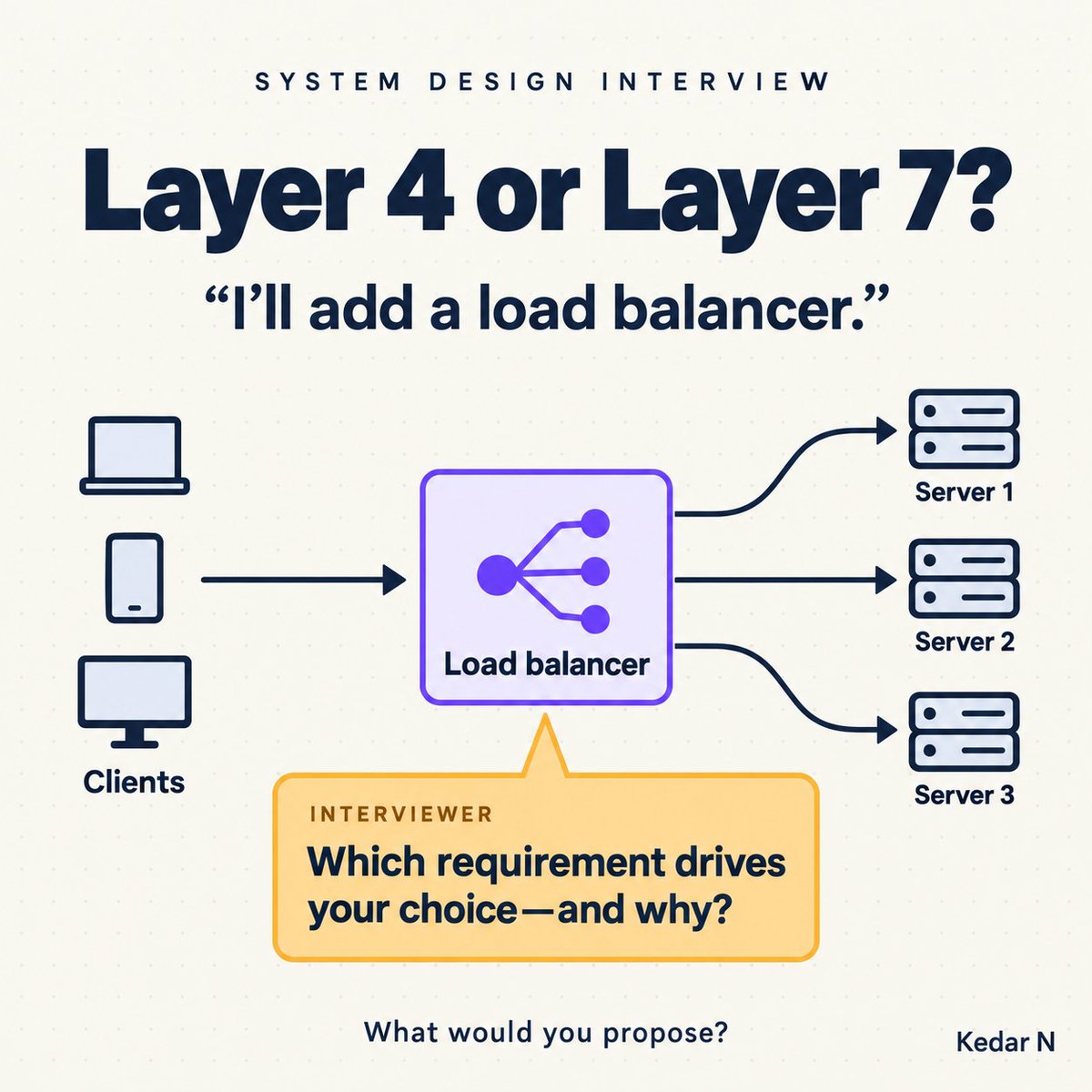 kedarnadkarny's tweet photo. "Youβre in a system design interview.
βIβll add a load balancer to distribute incoming requests.β
The interviewer asks: βLayer 4 or Layer 7?β
Which requirement would drive your choiceβand why?"
#systemdesign #interview #softwareengineer https://t.co/6U4G6zrisG