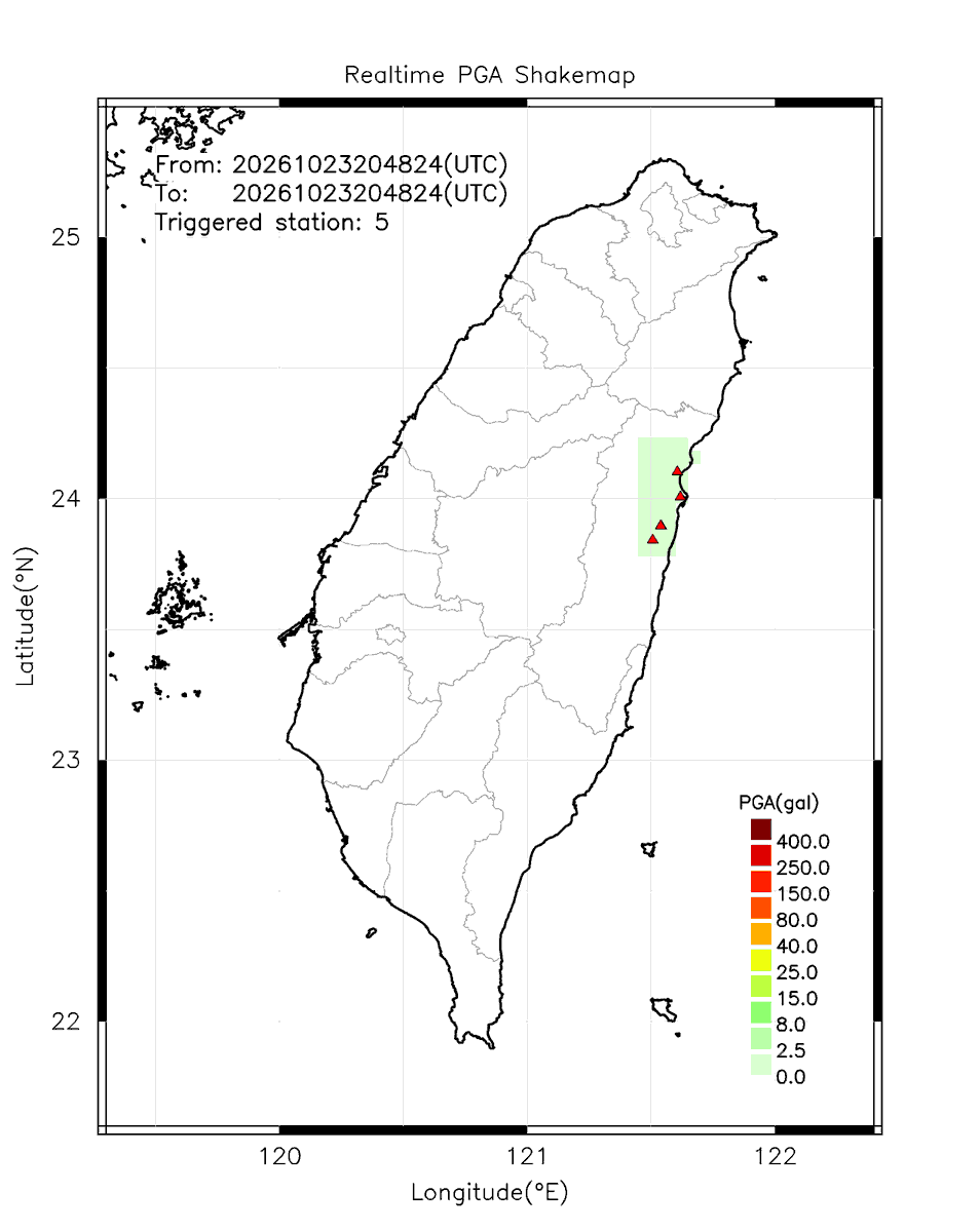 eew_p's tweet photo. Automatically Plotted Shakemaps:
* 2026-10-24 04:48:24 (UTC+08:00, Taipei)
* Evt. 20261024044824, First Report.
* Total 5 triggered stations

Note: These shakemaps are not yet confirmed, for reference only!
#地震 #台灣 #earthquake #Taiwan https://t.co/29Yq3A3LeE
