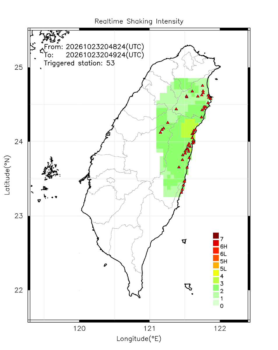 eew_p's tweet photo. Automatically Plotted Shakemaps:
* 2026-10-24 04:49:24 (UTC+08:00, Taipei)
* Evt. 20261024044824, 60s after trig.
* Total 53 triggered stations

Note: These shakemaps are not yet confirmed, for reference only!
#地震 #台灣 #earthquake #Taiwan https://t.co/iQuaVPawZa