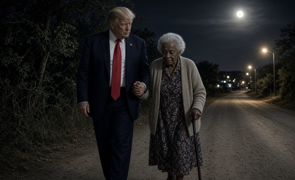 HankDesmondPhD's tweet photo. Yesterday, after his rally in Iowa, President Trump was heading to the airport when he saw an old woman walking home — in the dark and all alone. 

“Stop the car, Daquan!” He told his driver. 

He got out and walked her 2 miles home. 

No cameras. Just kindness. 

That’s Trump. https://t.co/tZ73l0P8JB