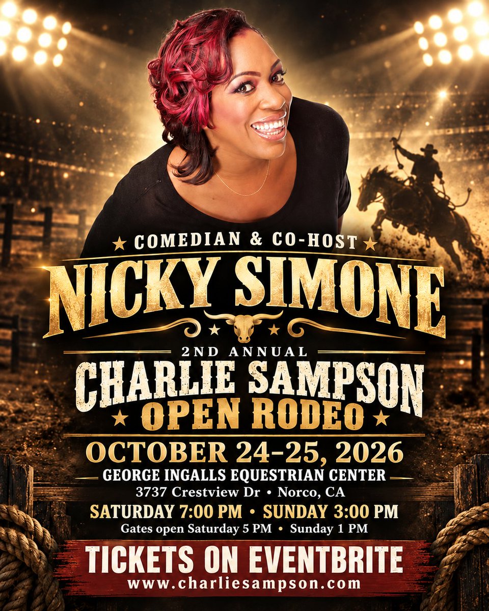 Frannubian's tweet photo. Don't forget @charlieosampson #Rodeo this weekend in Norco, CA. Get tickets and enjoy the show! Hosted by Nicky Simone @Perdueinc #client
Oct. 24: 7 PM | Gates 5 PM
Oct. 25: 3 PM | Gates 1 PM
George Ingalls Equestrian Center
3737 Crestview Dr
Tickets: https://t.co/z6stl7ecNc https://t.co/c8gm02CRI0