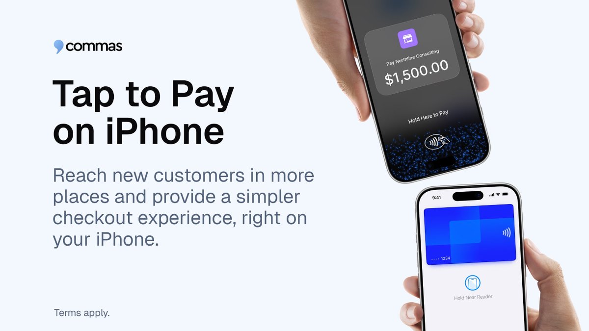 commas's tweet photo. Tap to Pay on iPhone is now live in the Commas iOS app.

Accept contactless payments right on your iPhone. No card reader. No extra hardware.

Another way to make more Commas. https://t.co/NSSxa8xWCm