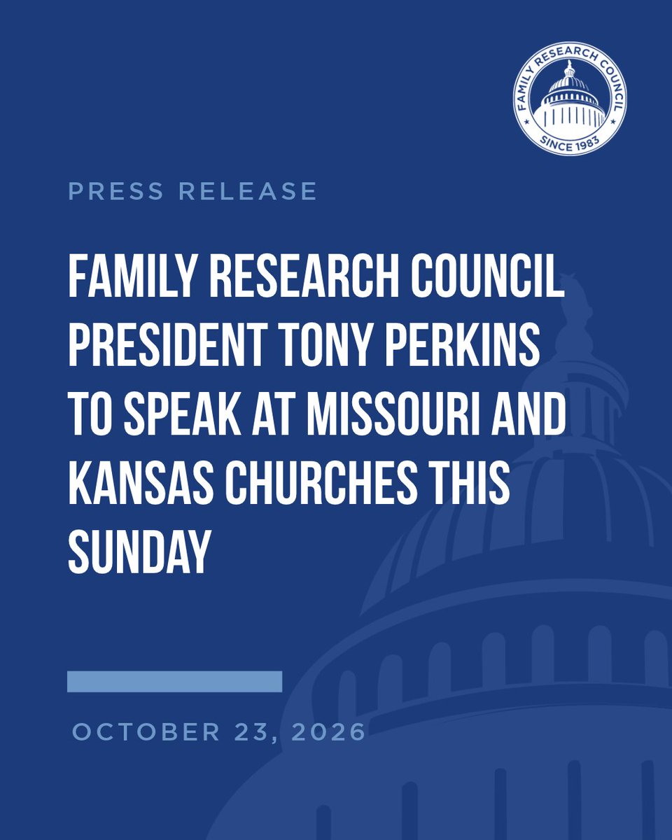 FRCdc's tweet photo. PRESS RELEASE: Family Research Council President Tony Perkins to Speak at Missouri and Kansas Churches This Sunday

GREENWOOD, Mo. -- On Sunday, October 25, Family Research Council President Tony Perkins will speak at churches in the Kansas City, Missouri area and Wichita, Kansas. During Sunday morning services, Perkins will deliver a message titled "When We Stand: The Shaping Influence of a Faithful Church" at Fellowship Church, which has campuses in Greenwood and Raymore, Missouri.

On November 3, Missouri voters will decide the fate of Amendment 3, titled the "Prohibit Abortion and Gender Transition Procedures for Minors Amendment." The measure would explicitly protect unborn lives and prohibit gender transition procedures for minors.

On Sunday evening, Perkins will travel to Exodus Church in Wichita, where he will join Pastor Jim Garlow and Kansas pastors for the Kansas State Gathering for Prayer and Repentance.

WHO: Tony Perkins, President of Family Research Council

WHAT: "When We Stand: The Shaping Influence of a Faithful Church"

WHERE/WHEN: All times Central
8:00 a.m. and 11:00 a.m.
Fellowship Church -- Greenwood Campus
1601 West Main Street
Greenwood, MO 64034

9:30 a.m.
Fellowship Church -- Raymore Campus
116 South Washington Street
Raymore, MO 64083

5:00 p.m.
Kansas State Gathering for Prayer and Repentance
Exodus Church
15200 E. Central Avenue
Wichita, KS 67230

ONLINE:
The 11:00 a.m. and 5:00 p.m. services will be available in the Stand Firm app.