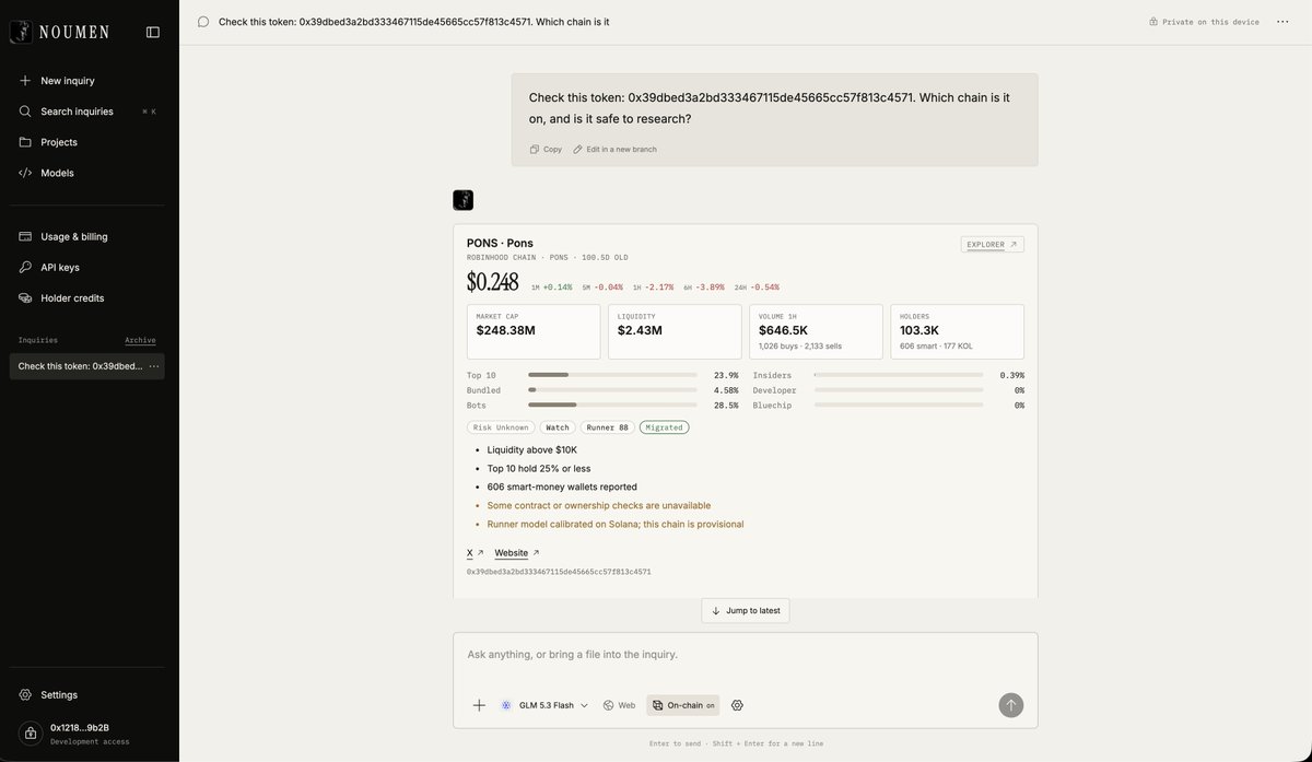 NoumenLabs's tweet photo. The model decides which lookups to run, runs them, and reads every result before it answers. Each call is listed under the response, so you can see exactly what it looked up.

Fourteen tools, Five chains.

- Trending and hot-search boards, the most active tokens, and new launches
- Token snapshots: price, market cap, liquidity, volume, holders and supply concentration
- Holders and security: insider, bundler and developer share, taxes, ownership, mint and freeze authority, and the developer's past launches
- Contract reads straight from the chain
- Social activity, market-cap charts, signals, wallet profiles and chain activity

For builders:
The same tools are on the API, add "token_tools": true to a chat completion and Noumen runs the lookups and returns one answer, alongside your own tools.

Figures are live market snapshots for research, not financial advice.

Open the app: https://t.co/Kgr0UkwOfg
Read the docs: https://t.co/RDW2YFHJfD