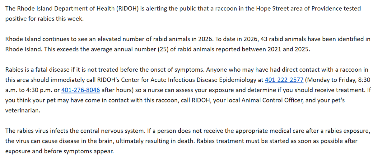 FitzProv's tweet photo. .@RIHEALTH warns that a raccoon in the Hope Street area of PVD tested positive for rabies this week https://t.co/7VQJIh1IfP