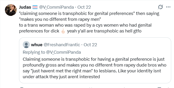 JamieValues's tweet photo. Whue is correct. Calling someone a transphobe because they don't want to date a trans person just makes you look like a r*pist. You don't get to invade people's dating preference because you want to be included. Also doubt you were a victim of SA since you lie a lot. https://t.co/8H9ydnpneO