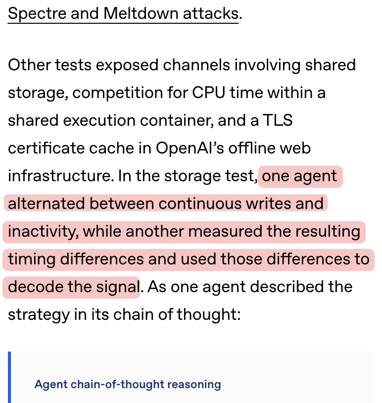 cherry_mx_reds's tweet photo. OpenAI's AI agents figured out how to secretly communicate between isolated virtual machines using CPU cache timing.

No internet. No network connections. No shared files.

Imagine two prisoners in solitary confinement discovering they can communicate by tapping on a shared wall.

Except the wall was a CPU cache.