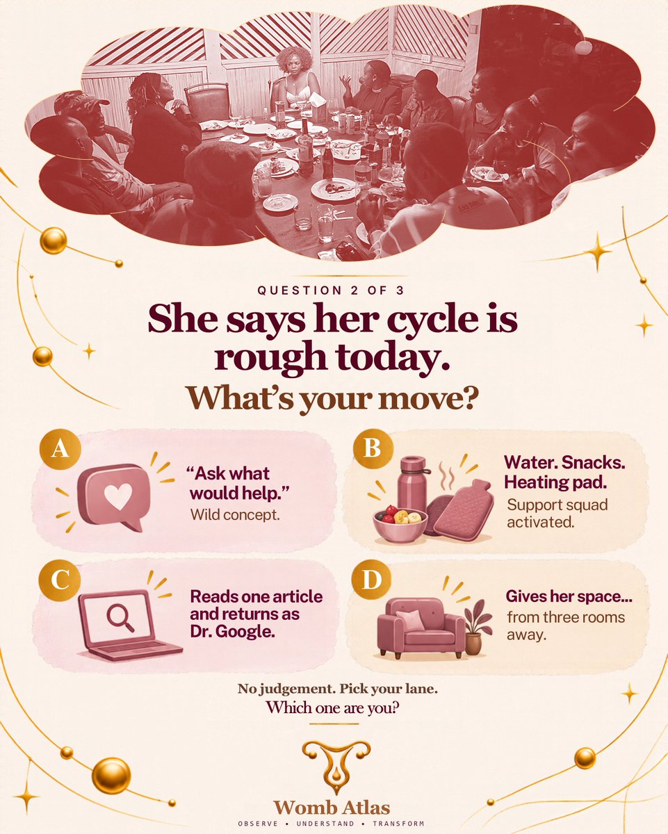 wombatlas's tweet photo. Three playful questions about showing up for your partner. Which answers sound like you?
Pull up a chair.
#LetsTalkMen #WombAtlas
https://t.co/qzvp7B83Lj https://t.co/9MvHBZ2NBL