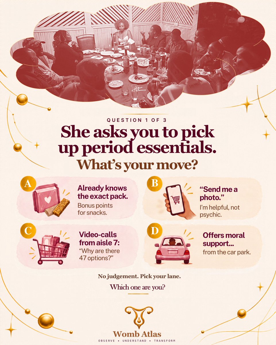 wombatlas's tweet photo. Three playful questions about showing up for your partner. Which answers sound like you?
Pull up a chair.
#LetsTalkMen #WombAtlas
https://t.co/qzvp7B83Lj https://t.co/9MvHBZ2NBL