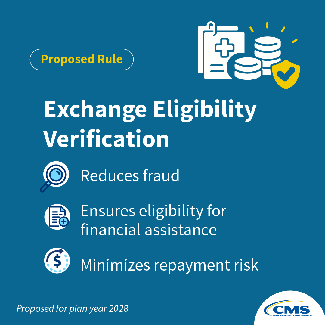 CMSGov's tweet photo. CMS is proposing new verification requirements to strengthen integrity in the ACA Exchanges and protect taxpayer dollars.

Under the proposed rule, consumers seeking financial assistance would have to pass eligibility verification before receiving that assistance—helping ensure taxpayer-funded assistance goes only to those who are eligible. Learn more: https://t.co/2UWAyZBcc9