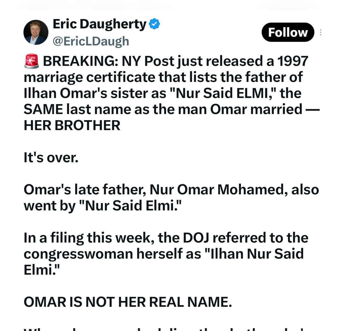 GenoVeno73's tweet photo. 🚨 BREAKING: Let me make this as clear as possible for this dickhead @EricLDaugh:

Ilhan Omar, did not marry her brother. This is debunked by the simple fact that under U.S Immigration Law, siblings can sponsor one another for residency status and a green card — negating the need for @IlhanMN and her brother to commit fraud by getting married if he really were her brother.

INA § 203(a)(4) / 8 U.S.C. § 1153(a)(4):
"Qualified immigrants who are the brothers or sisters of citizens of the United States, if such citizens are at least 21 years of age, shall be allocated visas in a number not to exceed 65,000, plus any visas not required for the classes specified in paragraphs (1) through (3)."

👇👇👇👇