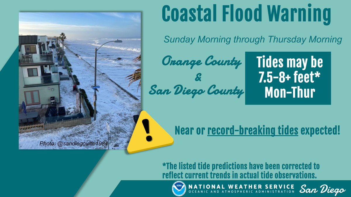 NWSSanDiego's tweet photo. Tides of 7.5+ ft MLLW are expected Monday through Thursday during the morning high tide next week. Even without a notable swell, significant coastal flooding is expected. Make sure to heed the advice of local officials and take appropriate action to protect property. #CAwx https://t.co/Vng1NBCKJD