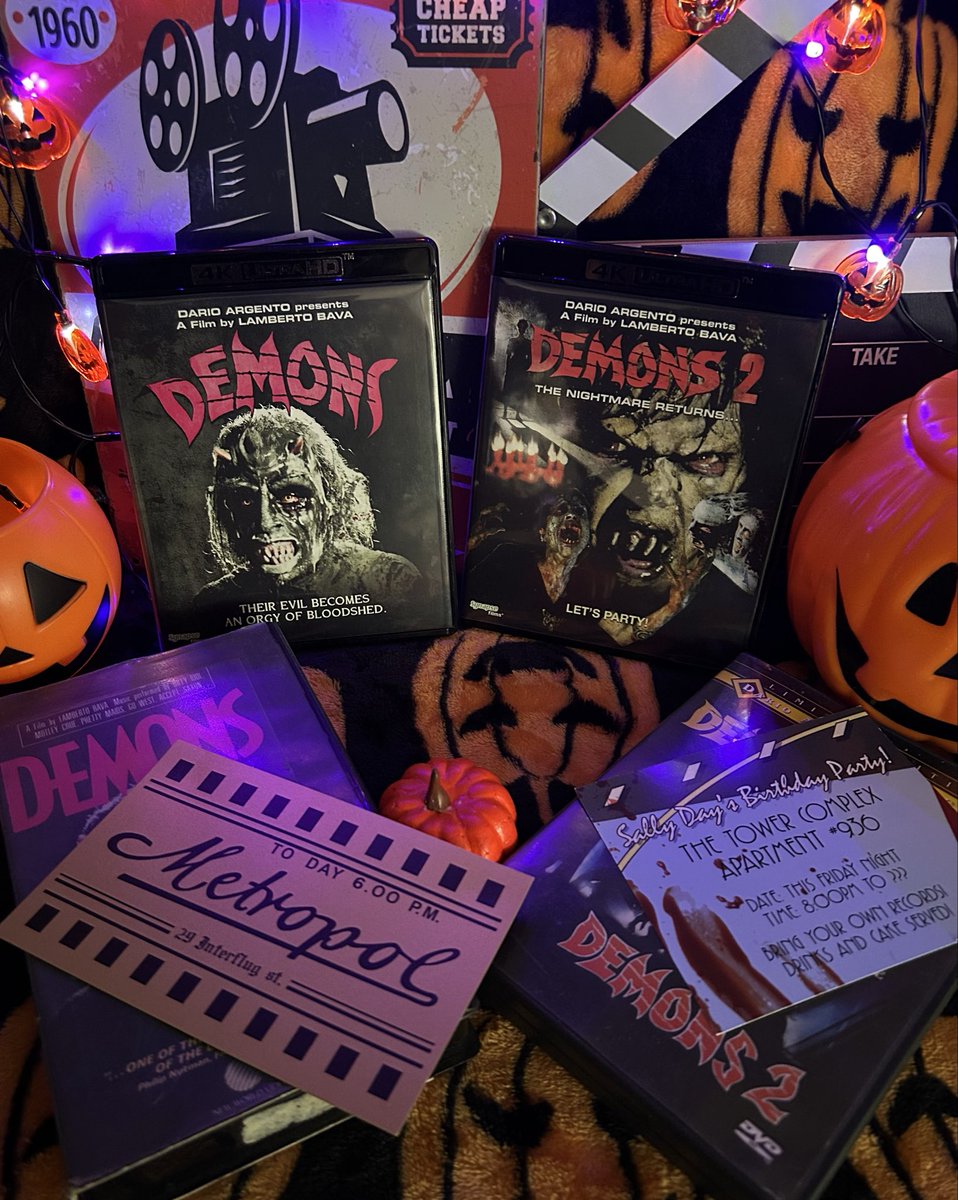 AdamintFresh's tweet photo. Halloween Pick. Demons (1985) &amp; Demons 2 (1986) double feature. Which demons event would you attend, the mystery movie screening at the Metropol or Sally's birthday party at the high-rise apartment, The Tower? 4Ks @synapsefilms #Demons #Demons2 😈🧟‍♂️🎫🎂 #PhysicalMedia https://t.co/aPZCsxl2eL
