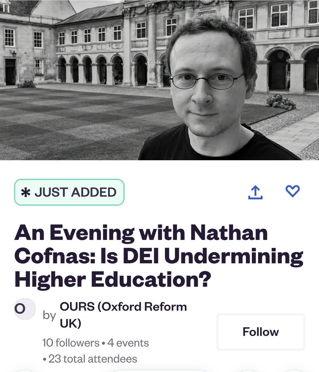 I_amMukhtar's tweet photo. Oxford Reform UK has invited Nathan Cofnas, who launched a witch-hunt against Professor Jason Arday and wrote a blog post arguing that, in a meritocracy, Black people would largely be absent from prominent positions outside sports and entertainment, to “discuss DEI and its impact on higher education and academic freedom.”