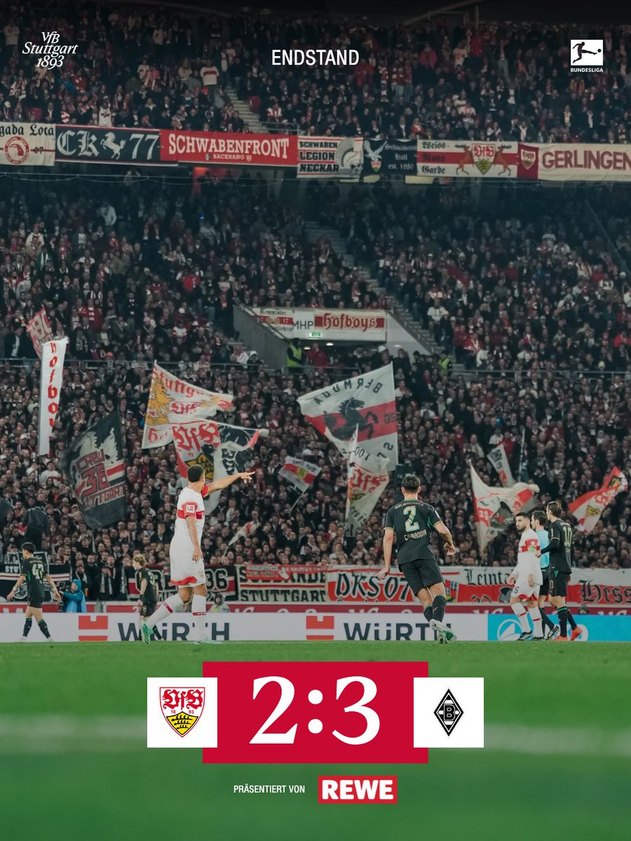VfB's tweet photo. Schluss in Stuttgart.

Köpfe hoch.

#VfB | #VfB1893 | #Bundesliga | #VfBBMG | [Anzeige] Rewe https://t.co/dLtlY2Bynw