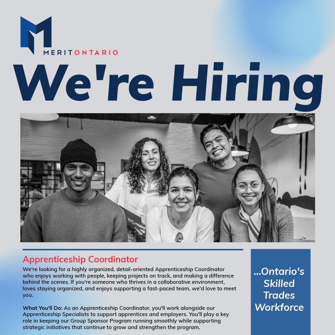 MeritApprentice's tweet photo. Join Merit Ontario as an Apprenticeship Specialist or Apprenticeship Coordinator and help support apprentices, employers and Ontario’s skilled trades workforce.

📍 Mississauga | Hybrid Role
 Apply: https://t.co/ej5LvZY6p8 https://t.co/W3QI1EWAl6