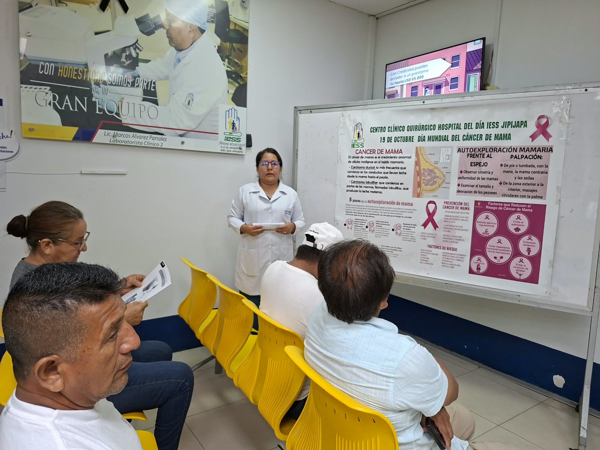 IESS_Manabi's tweet photo. #IESSteCuida | El Hospital del Día Jipijapa brindó una charla sobre los factores de riesgo del #CáncerDeMama, sus causas y señales de alerta. Se promovió la prevención mediante controles médicos, ecografías mamarias y autoexámenes. 🎗️ https://t.co/iC0yuq13R8