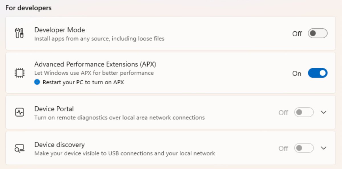 XenoPanther's tweet photo. Here is how the new "Advanced Performance Extensions (APX)" setting would appear on compatible hardware on 29695 https://t.co/o5wrhnruJH