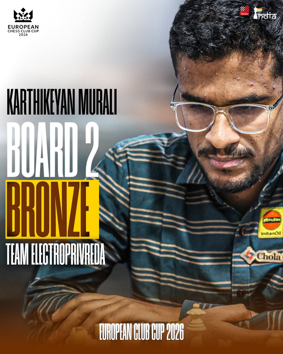 ChessbaseIndia's tweet photo. Karthikeyan Murali wins the Individual Bronze medal playing for Team Electroprivreda at the European Chess Club Cup 2026! 

Playing on Board 2, Karthikeyan scored 4.5/6 points. His best win came against Yagiz Kaan Erdogmus!

Photo: Dr. Mark Livshitz 
Graphic: Anmol Bhargav https://t.co/QlqrFN4NZY