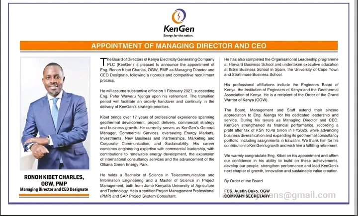 Kev_Ngeno's tweet photo. Eng. Ronoh Kibet Charles has been appointed as the new KenGen Managing Director and CEO. https://t.co/5ffDmfjP2h