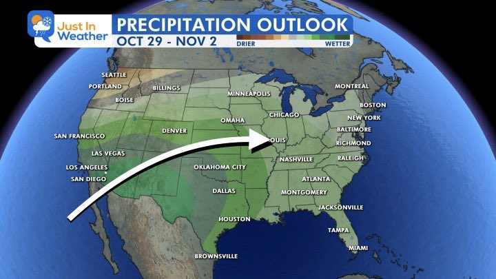 JustinWeather's tweet photo. 👀 Looking Ahead:
🌡️ October ends warmer than average!
🌧️ How about some needed rain?

👉🏻 The Climate Prediction Center is supporting some of that Pacific Tropical/El Nino induced moisture pummeling the Southwest US will expand east. 

💦 November may turn more active and wet. 

Just dropping a nugget for you.
