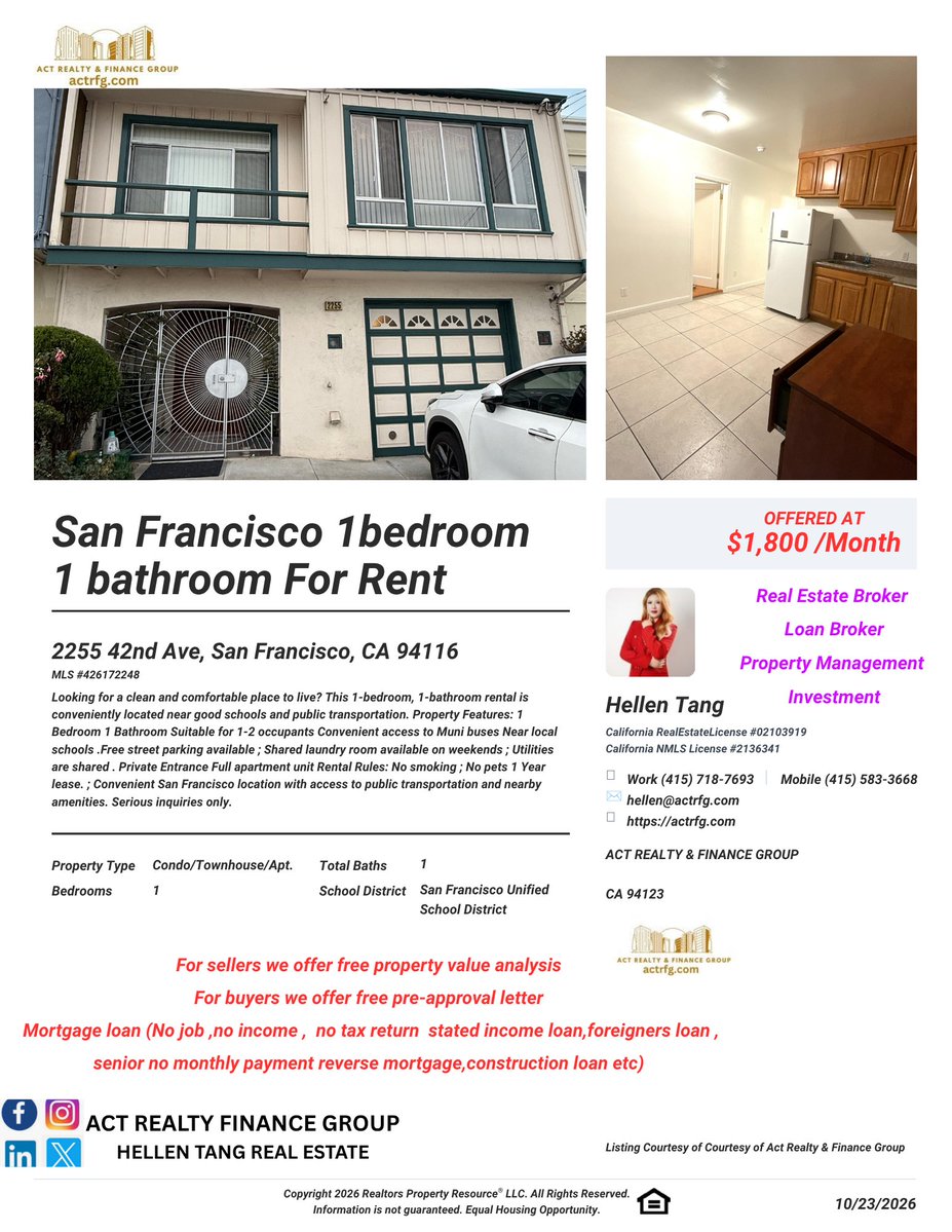 TangEstate's tweet photo. @actrfg  @HellenTUSA  @TangEstate 
 📷 #SFPROPERTYFORRENT  – 1 BEDROOM, 1 BATHROOM
📷 Address: 2255 42nd Ave, San Francisco, CA
Looking for a clean and comfortable place to live? This 1-bedroom, 1-bathroom rental is conveniently located near good schools and public transportation.
📷 Property Features:
📷 1 Bedroom
📷 1 Bathroom
📷 Suitable for 1–2 occupants
📷 Convenient access to Muni buses
📷 Near local schools
📷 Free street parking available
📷 Shared laundry room available on weekends
📷 Utilities are shared
Private Entrance
Full apartment unit
📷 Rental Rules:
📷 No smoking
📷 No pets
1 Year lease.
📷 Convenient San Francisco location with access to public transportation and nearby amenities. #Openhouse this #Saturday Oct 24th 2026  2pm-4pm  📷 #旧金山 #三藩市房屋出租｜一房一卫
📷 地址：2255 42nd Ave, San Francisco, CA
#旧金山一房一卫出租，环境舒适，交通便利，附近有很好学校及公交车站，适合单人或两人居住。
📷 房屋特点：
📷 一间卧室
📷 一间浴室
📷 适合 1–2 人居住
📷 附近有 #很好的学校
📷 附近有 #Muni 公交车，出行方便
📷 可 #免费路边停车（Free Street Parking）
📷 周末可使用共用洗衣房
📷 水电等公共事业费用由住户共同分摊
📷 租房规定：
📷 室内及房屋内禁止吸烟
📷 不允许养宠物
租期一年
独立出入口 #周六开放日 10月24号下午2点-4点   We services all of California and select other states and provides free professional property value analysis for sellers and helps buyers find the right property and get free mortgage pre-approval letter even if banks say no.
We specialize in flexible financing solutions for various types of buyers and sellers, including:
No income / No job / No tax returns
Foreign buyers
Seniors no monthly payment
Construction Loans
Don’t worry if traditional banks turned you down — we can help.
One-Stop Real Estate Shop
Buying
Selling
Mortgage Loans
Investment
Property Management
Work with a top agent and broker who delivers results.
Contact Us Today:
+1-415-583-3668 | +1-415-718-7693 (Call / WhatsApp / Telegram)
#actrealtyfinancegroup #realestateagent #realtor #broker #loanofficer #bayarea #listingagent #buyersagent #loanbroker #realestatebroker #sanfranciscorealtor #siliconvalleyrealestateagent #SFbroker #propertymanagement #investment #commericalmortgagebroker #sanfranciscobroker #brokerage #realestatebrokerage #firsttimehomebuyer
#美国加州旧金山房地产经纪 #美国加州房地产经纪商 #美国旧金山物业管理公司 #美国加州物业管理 #美国加州房地产贷款经纪 #美国房地产投资 #美国 #美国房地产投资
See less