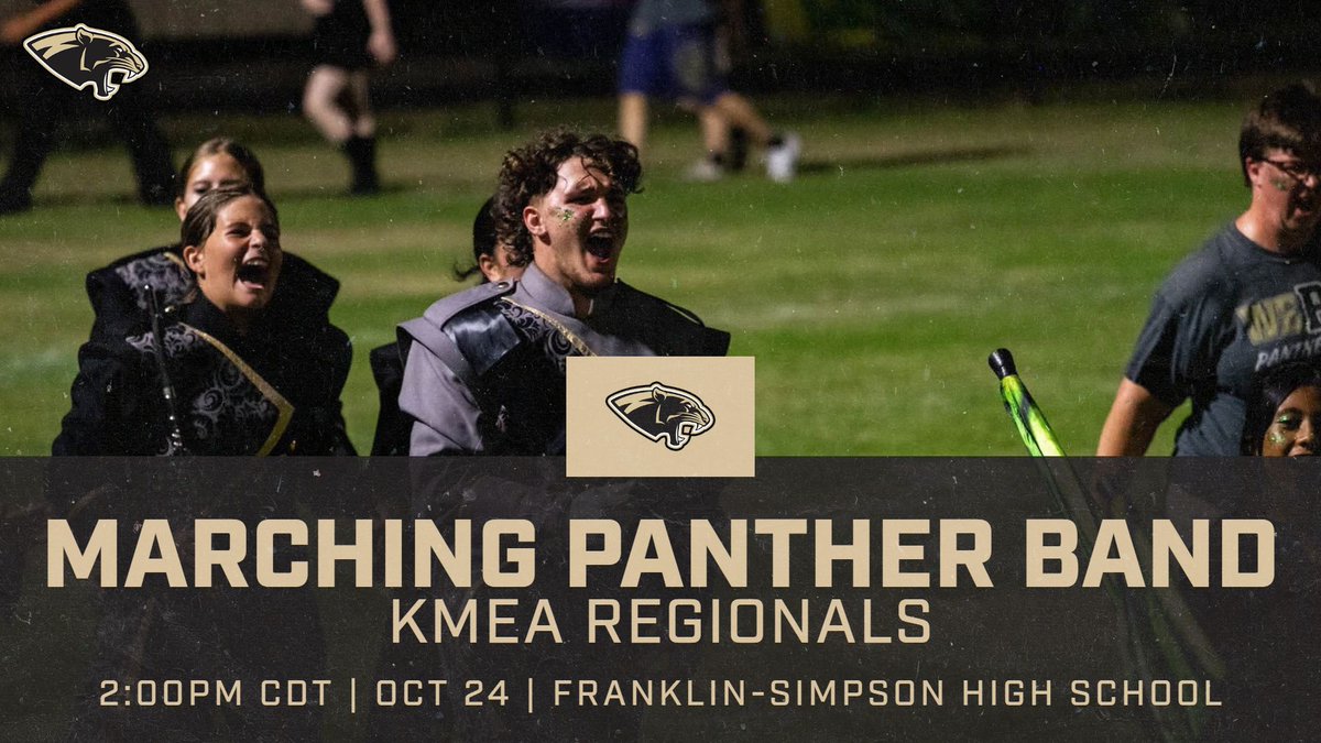 RVKPanthers's tweet photo. Panther Nation, it’s time to make some noise for the MARCHING PANTHER BAND! 🎶 They’re performing at KMEA Regionals tomorrow at 2:00 PM at Franklin-Simpson High School! GO PANTHERS! #WeRONE 🖤💛 https://t.co/ekKrwNrd9R