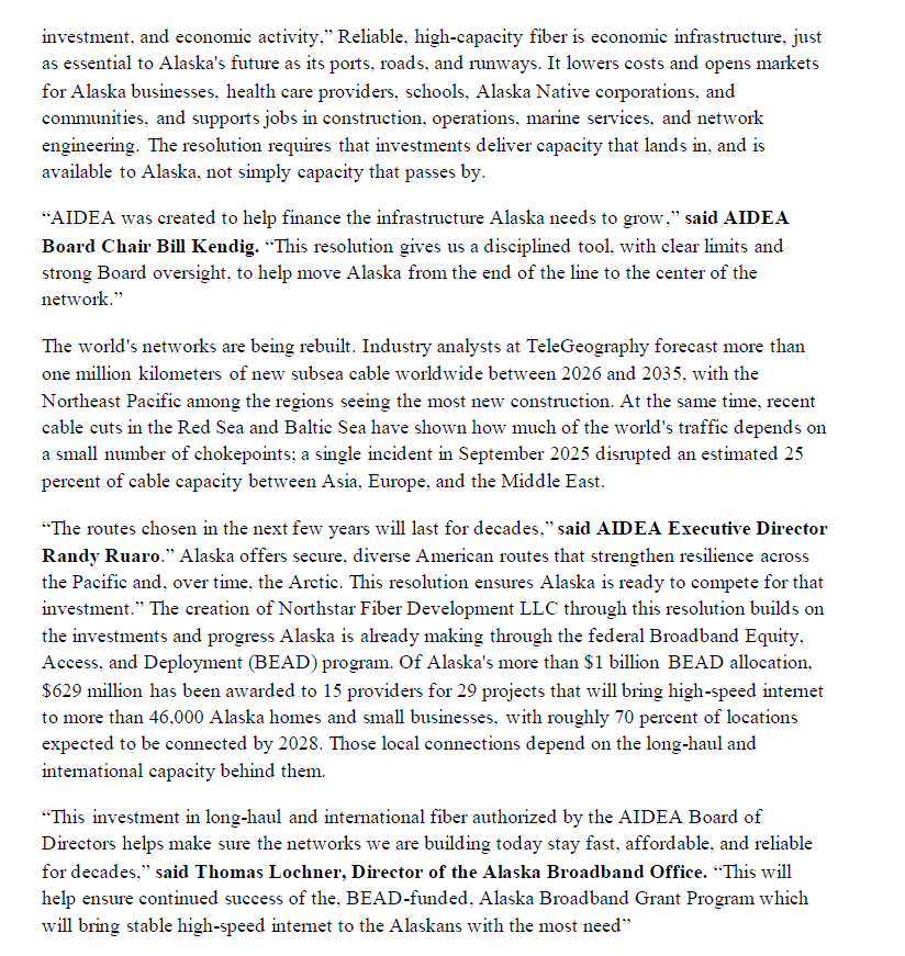 alaskalandmine's tweet photo. AIDEA has authorized "up to a $75 million investment subsea and terrestrial fiber systems, landing stations, backbone and middle-mile networks, and associated capacity, with initial priority on improving Alaska's connectivity, including across the Pacific." #akleg https://t.co/iUiXc7fGOQ