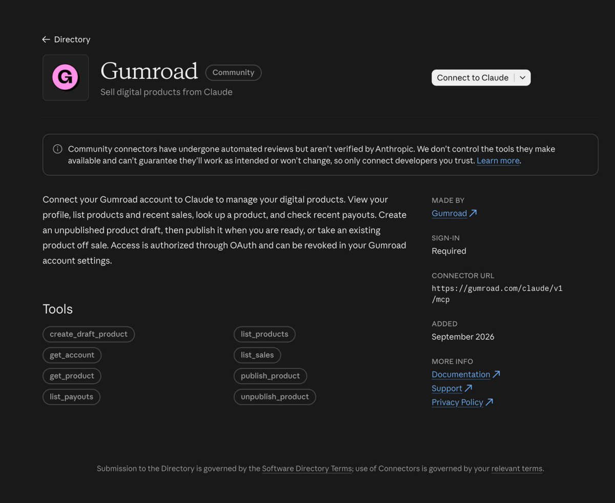 gumroad's tweet photo. You can now sell on Gumroad from inside Claude.

Draft a product, publish it, check your sales and payouts. All in chat.

Find "Gumroad" in Claude's connector directory. https://t.co/OpaRWMlHHJ