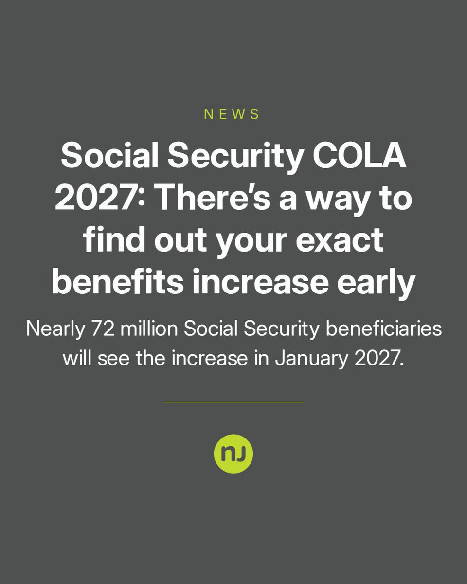 njdotcom's tweet photo. Nearly 72 million Social Security beneficiaries will see the increase in January 2027. Read more here 👉 https://t.co/emYIrLT7VP https://t.co/l8RwttZ7BN