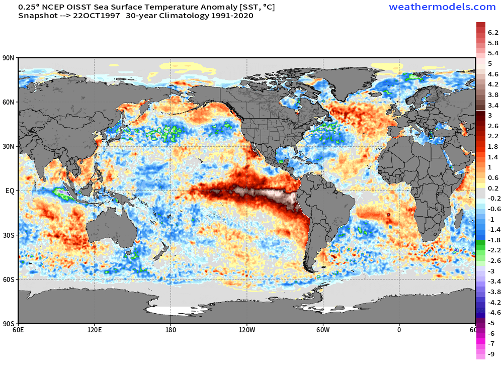 ericfisher's tweet photo. As of this date, this is how the current El Nino event compares to the last 3 Super-Ninos 

Absolute beast. Has been dominant over tropical weather this summer/fall and expect the Lower 48 pattern to get much stormier later in November. https://t.co/iJSIN3q132