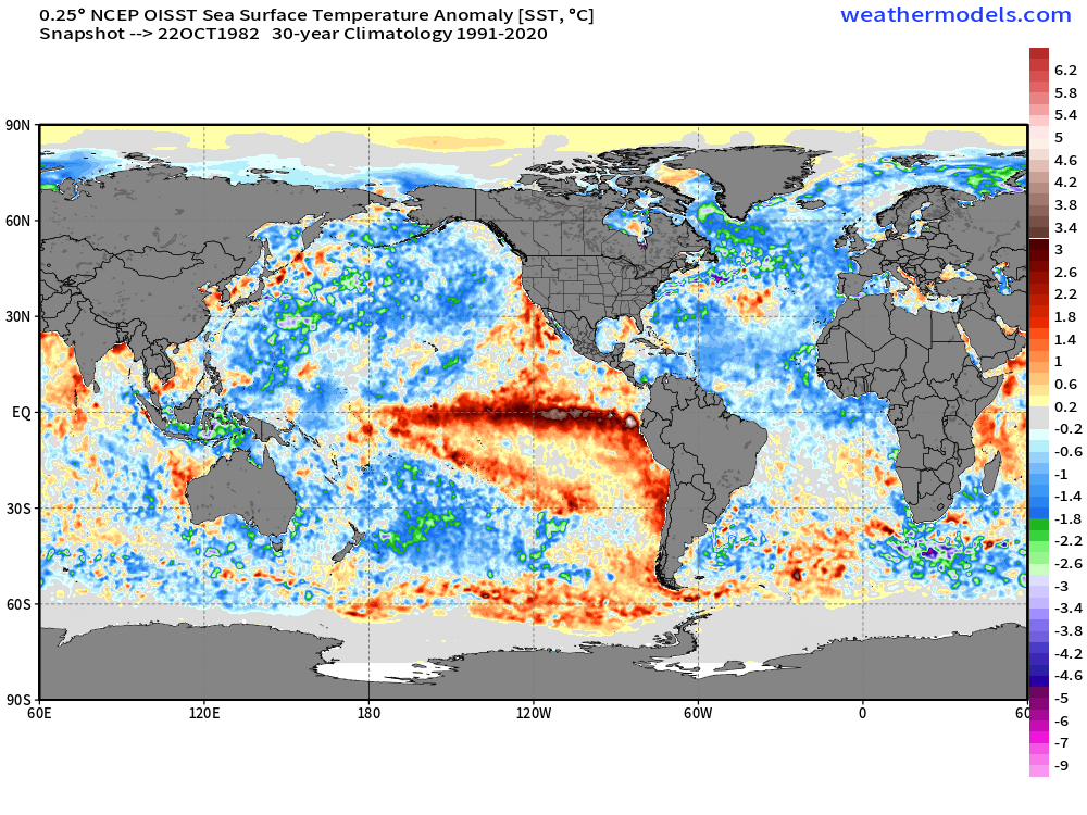 ericfisher's tweet photo. As of this date, this is how the current El Nino event compares to the last 3 Super-Ninos 

Absolute beast. Has been dominant over tropical weather this summer/fall and expect the Lower 48 pattern to get much stormier later in November. https://t.co/iJSIN3q132