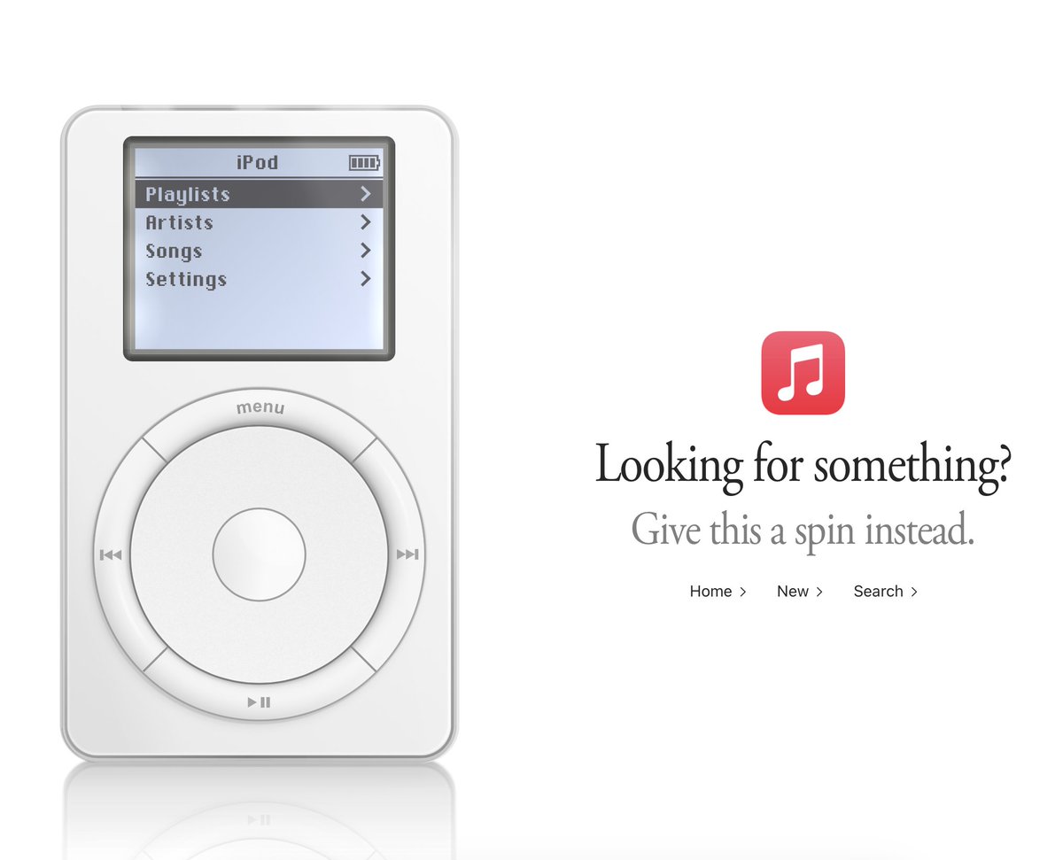 ClassicII_MrMac's tweet photo. To celebrate the original iPod’s 25th anniversary today, Apple recreated it in your browser!

• 15 playlists with 1,029 song previews
• Working scroll wheel with click sounds
• Timed backlight + on/off &amp; realistic ghosting
• Hidden Breakout game
• Sad iPod icon when offline https://t.co/QEb7Ajcfj3