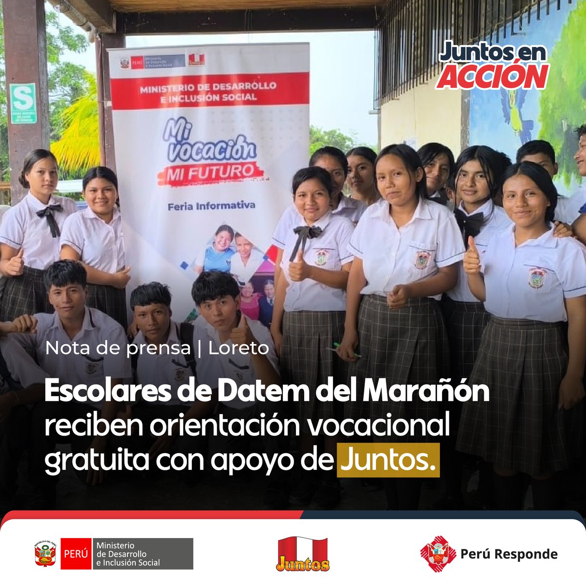 Midisjuntos's tweet photo. 🎓 Juntos realizó talleres de orientación vocacional con escolares de tres instituciones educativas del Datem del Marañón, #Loreto, para ayudarlos a reconocer sus habilidades, explorar sus intereses y construir su proyecto de vida. 
#NotaDePrensa: https://t.co/eKYhpN6JOs
#Midis https://t.co/DvwM6IDxPU