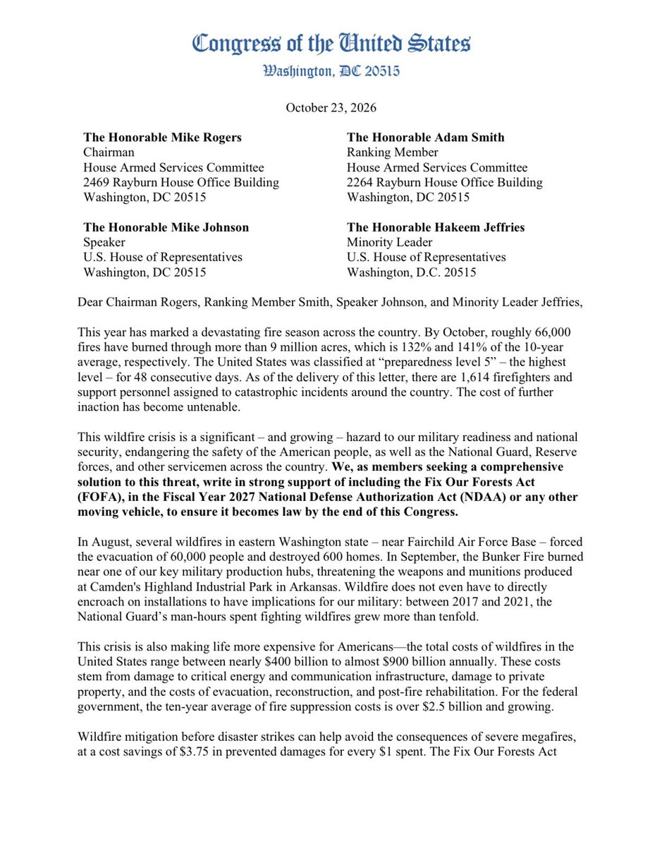 A formal letter on U.S. Congress letterhead, dated October 23, 2026, addressed to congressional leaders. The letter discusses the wildfire crisis and military readiness, and includes a bolded request to support wildfire legislation. The page contains extensive text.