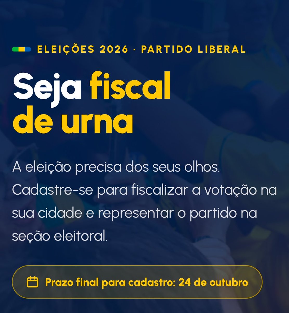 CentralDireitaB's tweet photo. 🇧🇷 Ajude o Brasil. Seja fiscal de urna do PL na sua cidade. 

Papel do Fiscal de Urna: 
1. Confere a zerésima
2. Acompanha a votação
3. Confere a identificação dos eleitores
4. Registra irregularidades
5. Acompanha o Boletim de Urna

Prazo para inscrição: Sábado (24)
Link para inscrição: https://t.co/MSYGK0ZM6b