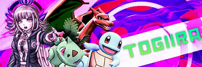 Yami1arts's tweet photo. @NebPT_ This banner looks so fun. I love the bright colors and seeing the Pokémon mixed in with Danganronpa. Squirtle adorable too. Which of these characters is your favorite? https://t.co/ObuwfFvPhx