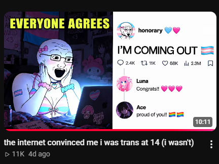 ariadotwav's tweet photo. this video is frying me bro 
> I came out as trans
> Everyone congratulated and supported me
> I liked it
> My republican parents found out and punished me
> "The internet convinced me I was trans"
??????????????????? https://t.co/edZxoDkKxN