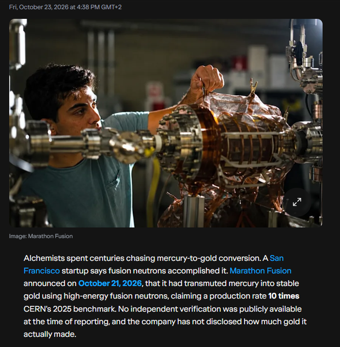 GreyRabbitFin's tweet photo. Nuclear fusion gold that has to sit radioactively charged for 18 years post processing before being safe to sell...
is the main reason I am selling all my metals today.

This is the future.
AI is taking our Jobs and Fusion is taking our Gold 😢 https://t.co/HxiUj0LwCQ
