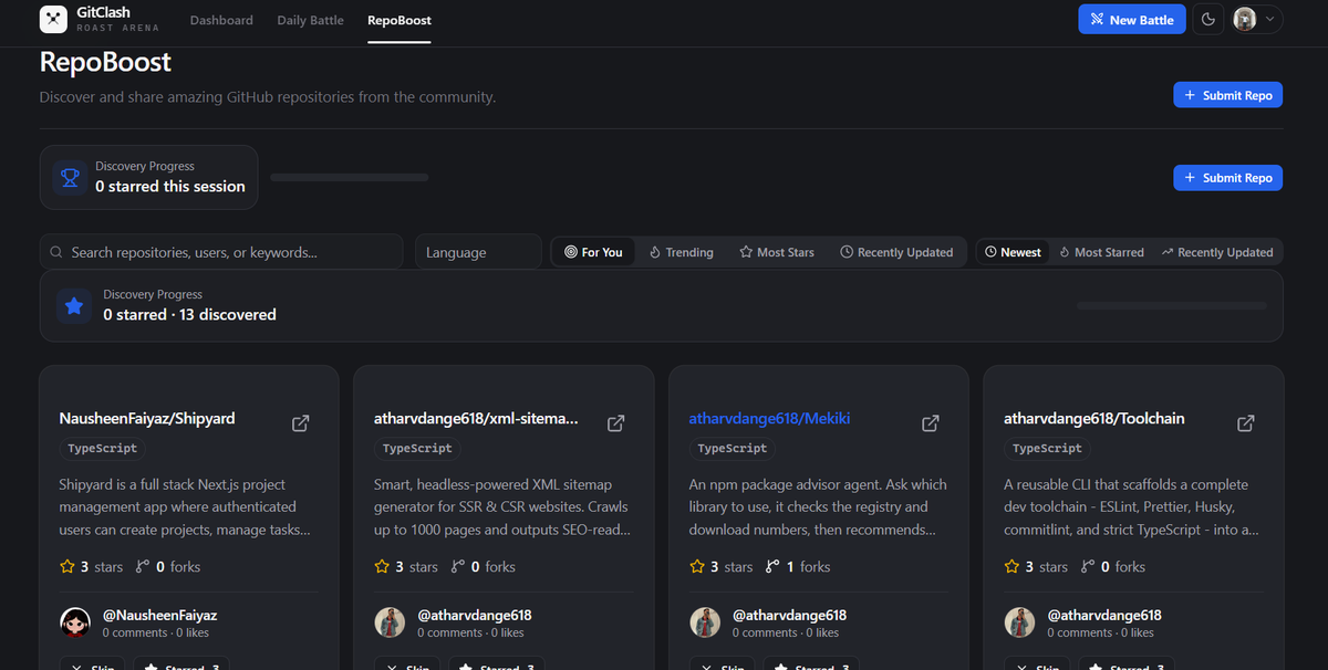 Mohitvermacode7's tweet photo. GitClash just got more exciting!

Introducing RepoBoost - discover amazing GitHub repositories and explore projects built by the developer community.

Find your next inspiration, discover open-source gems, and explore what's being built.

Check it out - https://t.co/iv46DnrDKb https://t.co/b4pqWRV7FJ
