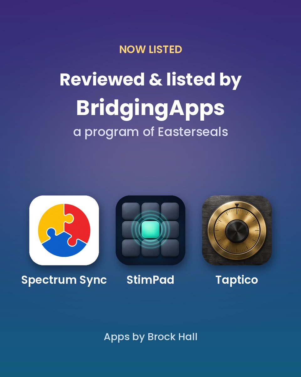 Orehruoy's tweet photo. Spectrum Sync, StimPad and Taptico are all reviewed and listed by BridgingApps, a program of Easterseals 💙 @BridgingApps @eastersealshou https://t.co/v586ykmXyN