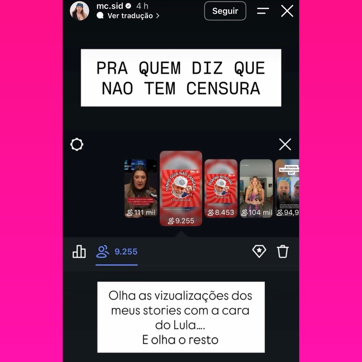 updatecharts's tweet photo. GENTE? MC Sid expõe QUEDA de 91,7% nas visualizações de seus stories ao publicar conteúdo político em apoio a Lula, passando de 111 MIL para 9,2 MIL visualizações.

Influenciadores denunciam queda suspeita de alcance e questionam a META. https://t.co/TK09y5zcsa