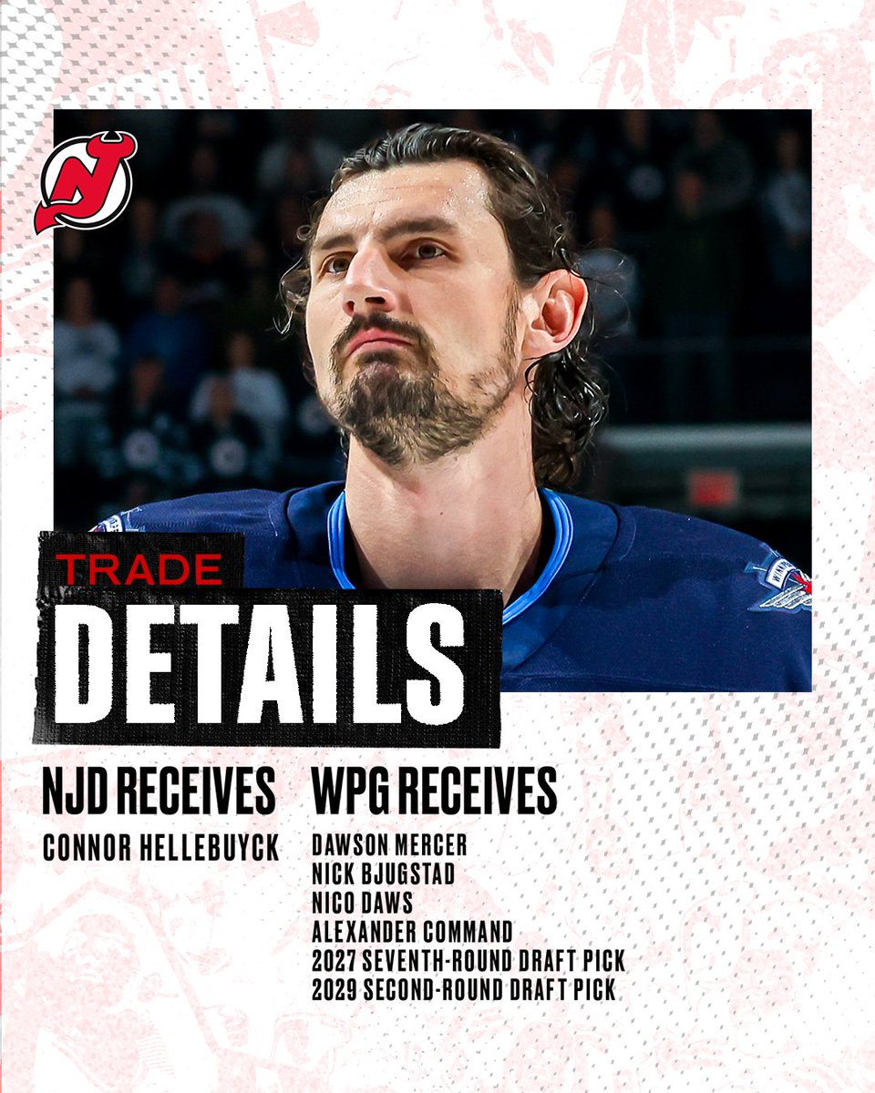 DailyTechpulse's tweet photo. Hold out long enough and you get your way. That's the uncomfortable lesson of the Connor Hellebuyck saga.

The Jets have traded the former MVP to the Devils, about five weeks after suspending him for not reporting to training camp.

Winnipeg gets Dawson Mercer, Nico Daws, Alexander Command, Nick Bjugstad and two picks, per Elliotte Friedman and Pierre LeBrun.

New Jersey gets an elite goalie. Winnipeg gets a reset, and a locker room that can finally move on.

 https://t.co/q6iOr327Dd