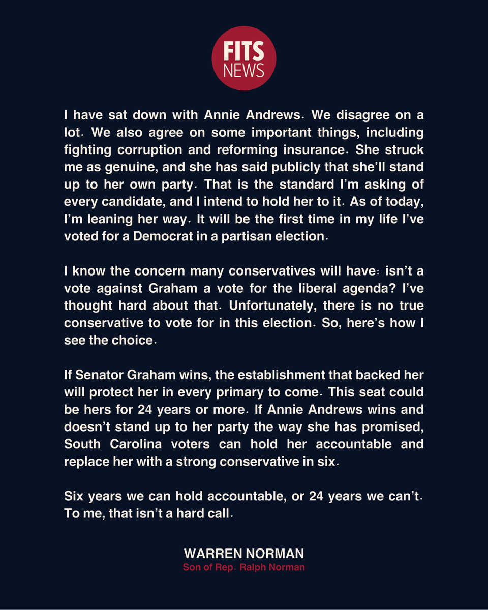 AnnieAndrewsMD's tweet photo. This campaign is bigger than party — it's about who will represent for the people of South Carolina and not the political class in Washington, DC. I'm grateful to have the support of the Norman family. https://t.co/M4vfLCOGOq