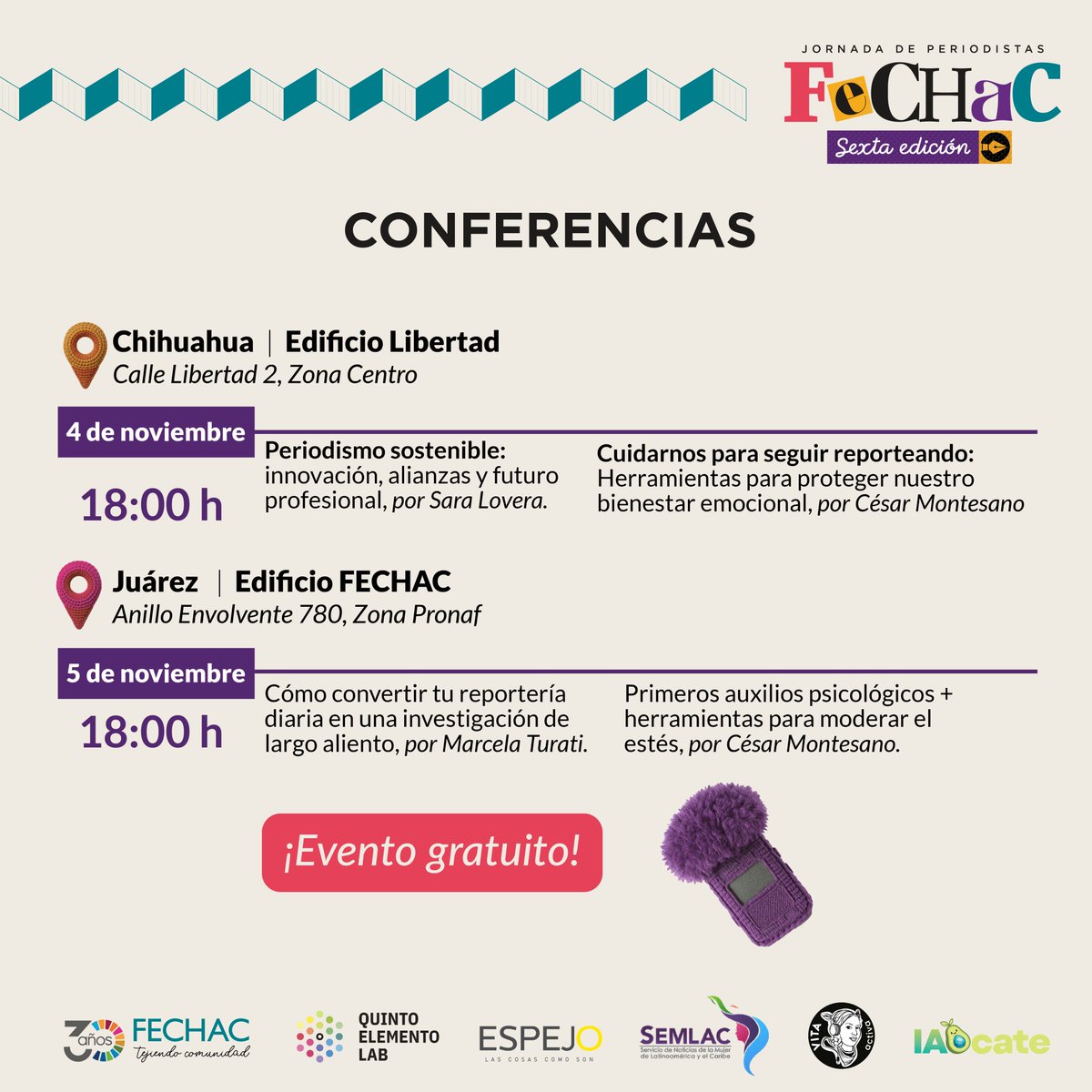 FECHAC's tweet photo. 🗞️✨ ¡Llega la VI Jornada de Periodistas FECHAC!

Un espacio gratuito de capacitación con conferencias y talleres sobre periodismo sostenible, investigación, storytelling, IA, SEO y bienestar emocional.

📍 Chihuahua: 4 y 7 de noviembre.
📍 Ciudad Juárez: 5 y 20 de noviembre. https://t.co/wY86d5B6PA
