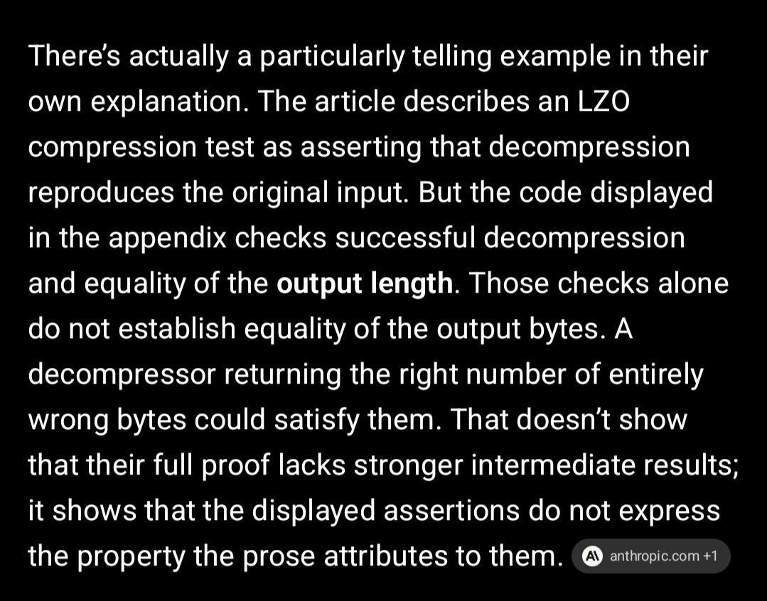 joseph_h_garvin's tweet photo. Astra just found a bug  in Anthropic's formal verification example, their "specification" doesn't actually check output bytes match input bytes. The irony is thick. https://t.co/VCYiPSOXrV