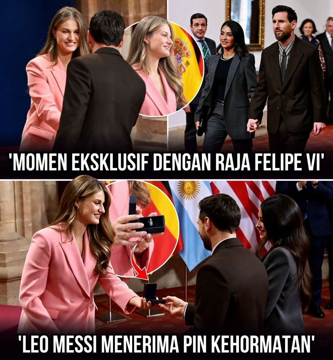 waktunormal90's tweet photo. Putri Leonor, putri sulung Raja Felipe VI dan Ratu Letizia, menyerahkan lencana kehormatan kepada Lionel Messi dalam sebuah acara istimewa di Oviedo.

Setelah menerima penghargaan tersebut, Leo Messi dijadwalkan akan menghadiri jamuan makan malam eksklusif bersama Raja Felipe VI https://t.co/d6ix2Rq8wi