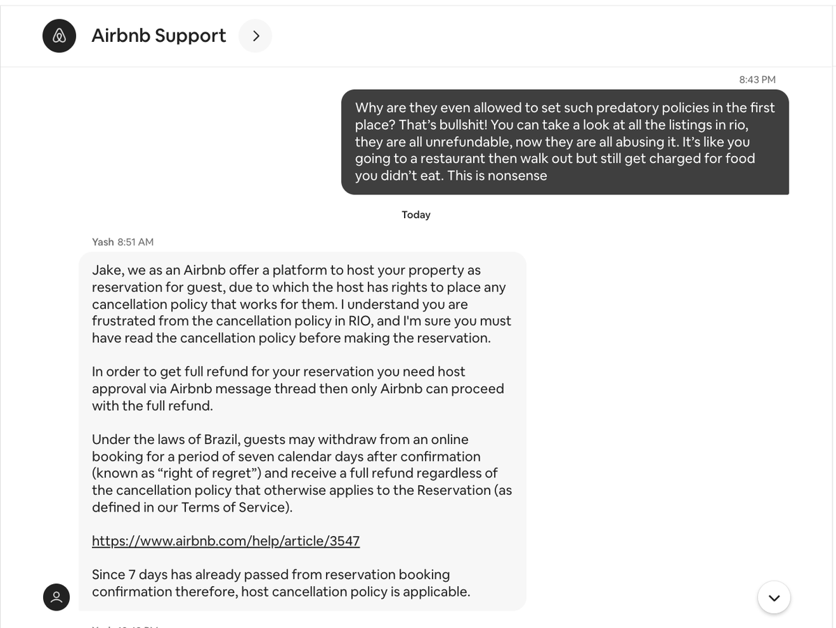 matrixripper's tweet photo. @levelsio anyone that has used airbnb and its customer service knows that it sides with the hosts completely.

tried to cancel a booking 20 days in advance because of an emergency, host ghosted on me, not replying to the messages she has read them.

Airbnb said there's nothing it can do 🤡 https://t.co/n2d5KqV9yw