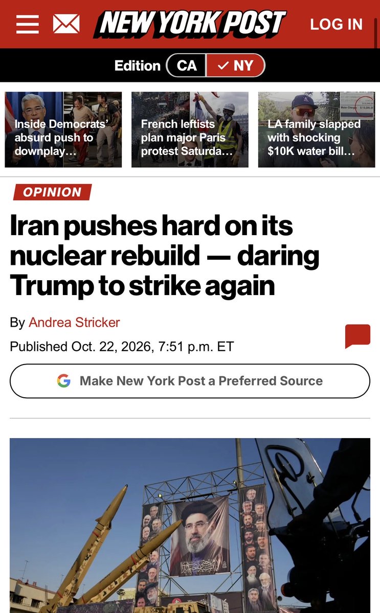 StrickerNonpro's tweet photo. U.S. and Israeli strikes in 2025 and 2026 set Iran’s nuclear program back by more than two years.

Now the Islamic Republic is attempting to make up for lost time by rebuilding its nuclear-weapons option underground.

My latest for @NYPostOpinion: 🔗 https://t.co/4BqvRVLrYl