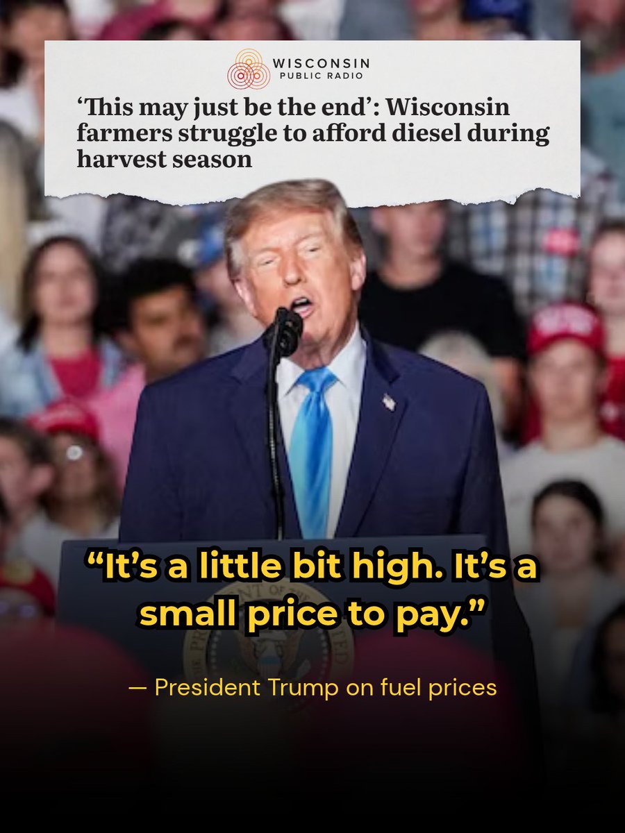 A graphic featuring Donald Trump speaking at a microphone in front of a crowd. A news headline appears across the top, with a large highlighted quote and attribution near the bottom.